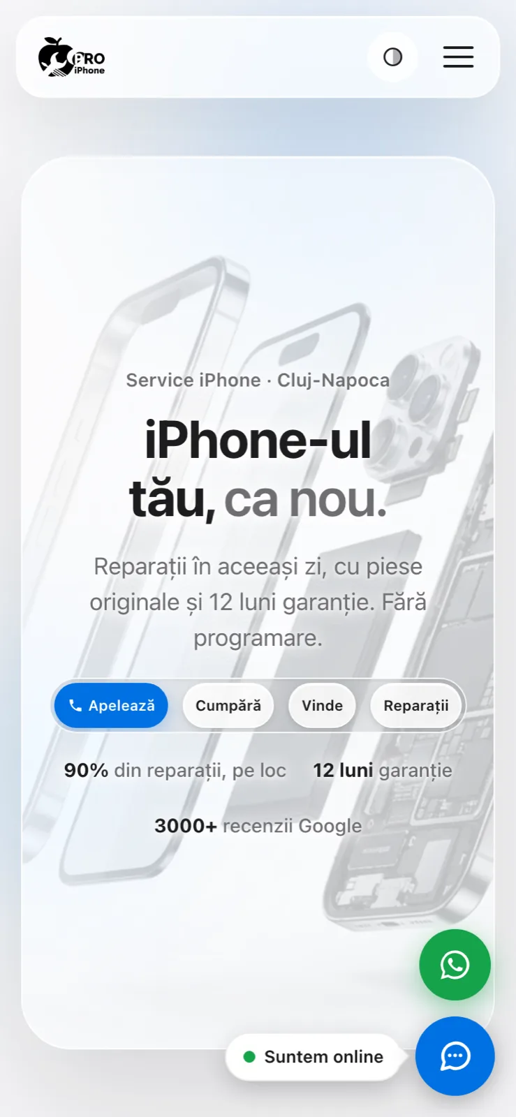 Aceeași pagină pe telefon: butoanele de acțiune încap pe un rând, iar butonul verde de WhatsApp stă fix în colțul din dreapta jos.